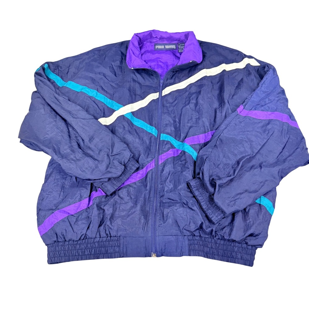 Vintage 90s Windbreaker Jacket Navy Purple Teal Geometric Mens XL Nylon